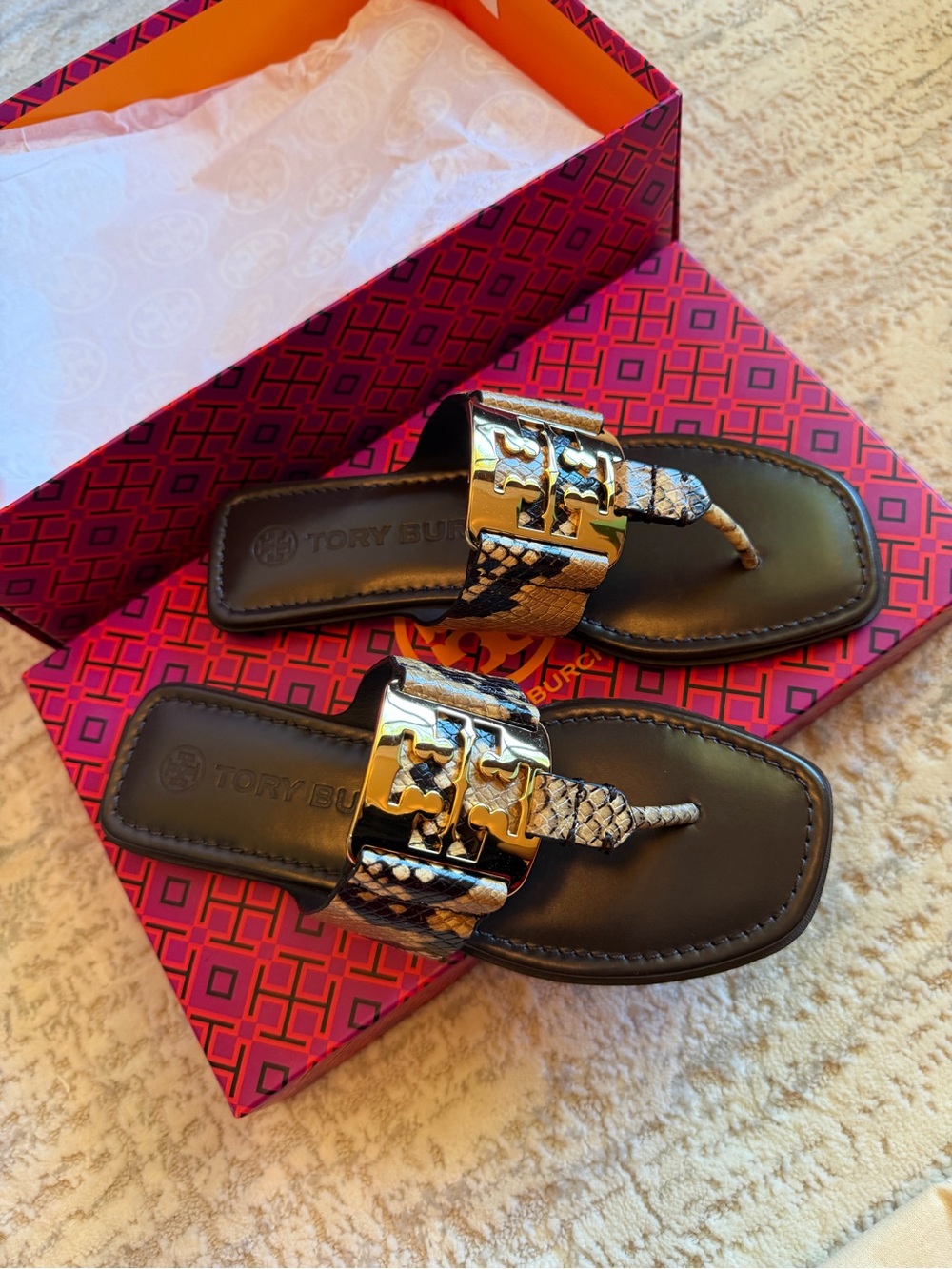 Tory Burch Georgia Snake-Print Straps and Gold Logo Sandals